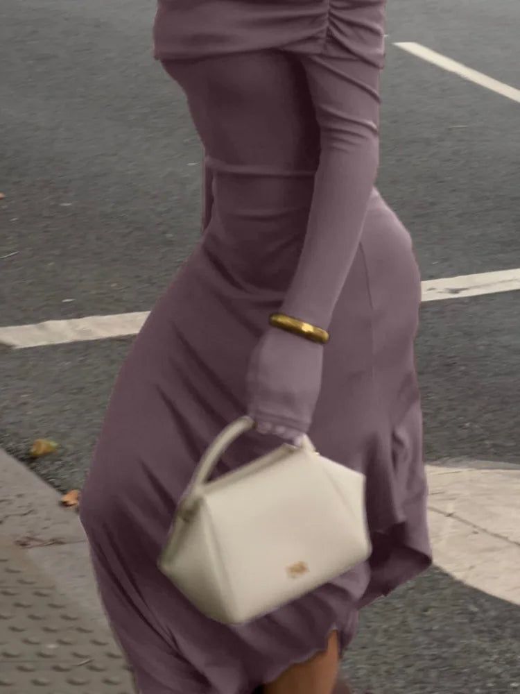 Elegant Off Shoulder Bodycon Long Sleeve High Split Party Evening Dress Women 2025 Spring New Slim Irregular Vestido