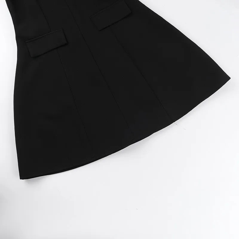 Autumn Long Sleeve Sexy Mini Dress For Women Solid Zipper Deep V Neck Two Pocket High Waist A-line Dress Femme Clothes