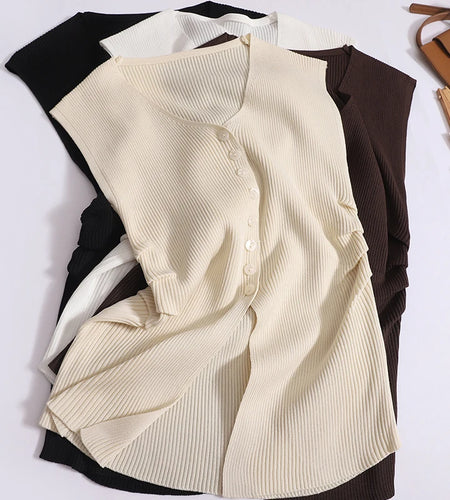 Korean Summer New Solid Color Sexy Slim Sleeveless Vest Women's V-neck Single Breasted Knitted Tank Tops Trend Casual Simplicity