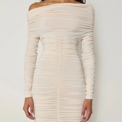 Load image into Gallery viewer, Inclined Shoulder Long Sleeve Sexy Mini Dress For Women Autumn New Fashion Backless Ruched Bodycon Party Sexy Dress
