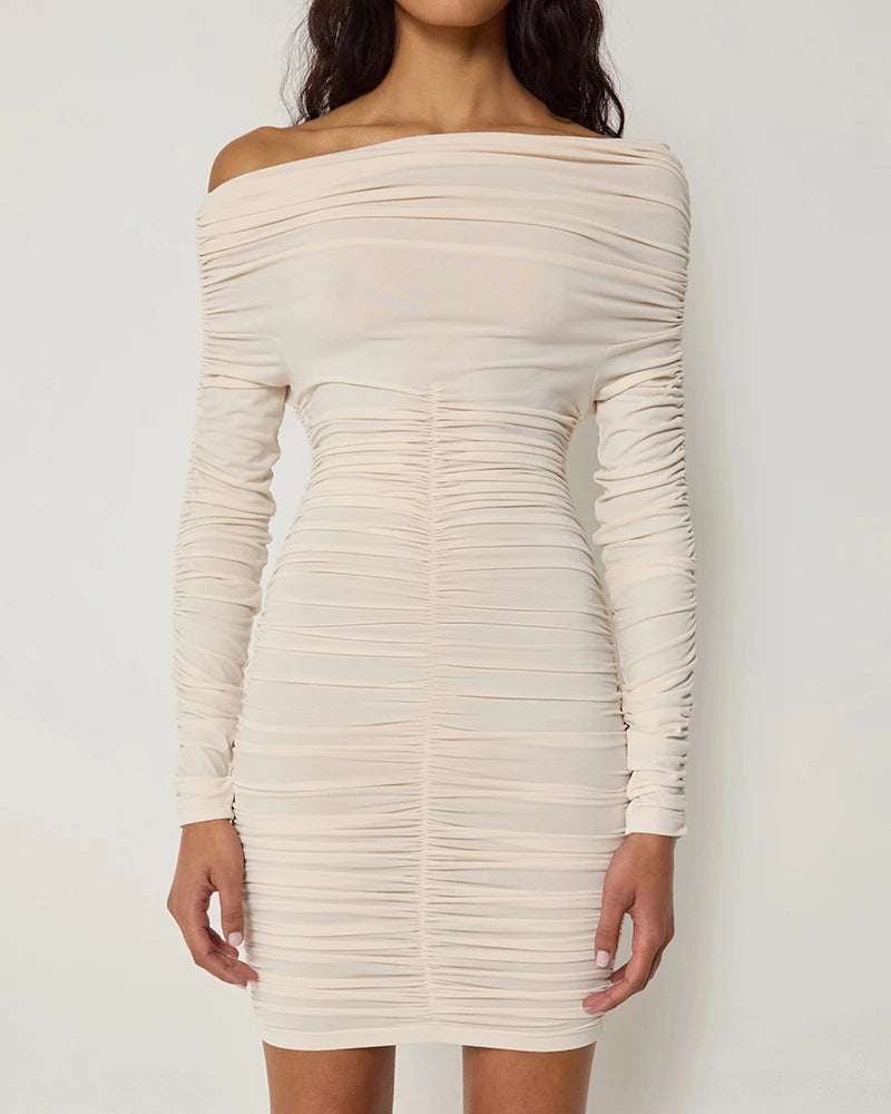 Inclined Shoulder Long Sleeve Sexy Mini Dress For Women Autumn New Fashion Backless Ruched Bodycon Party Sexy Dress