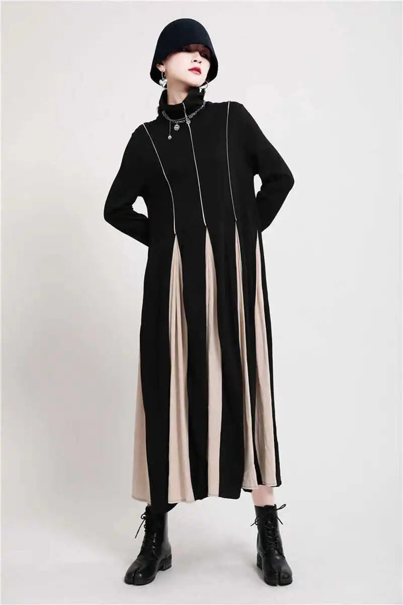 Women Black White Contrast Color Long Dress New Turtleneck Long Sleeve Loose Fit Fashion Tide Autumn Winter 2025  1DD2153