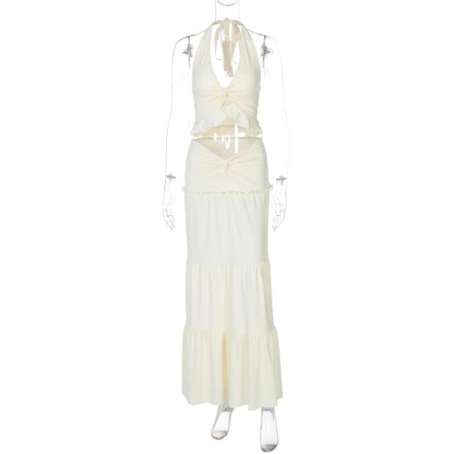 Load image into Gallery viewer, Sexy Sleeveless Skirt Two Pieces Sets For Women V-neck Hollow Out Crop Tops And Long Skirt Patchwork Two Pieces Sets
