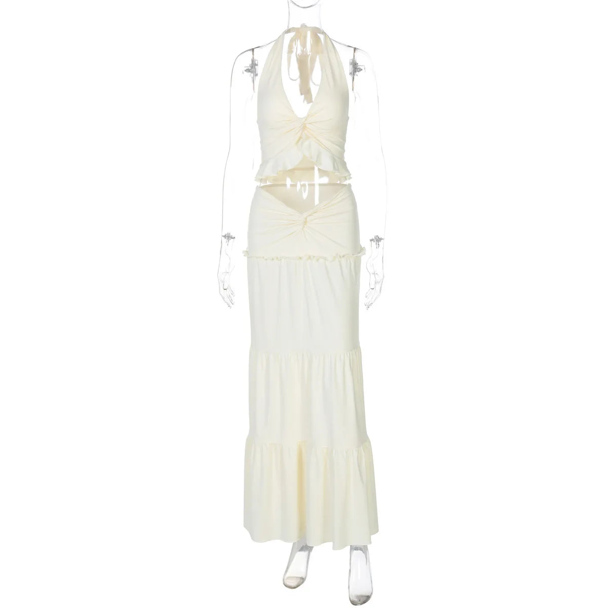 Sexy Sleeveless Skirt Two Pieces Sets For Women V-neck Hollow Out Crop Tops And Long Skirt Patchwork Two Pieces Sets