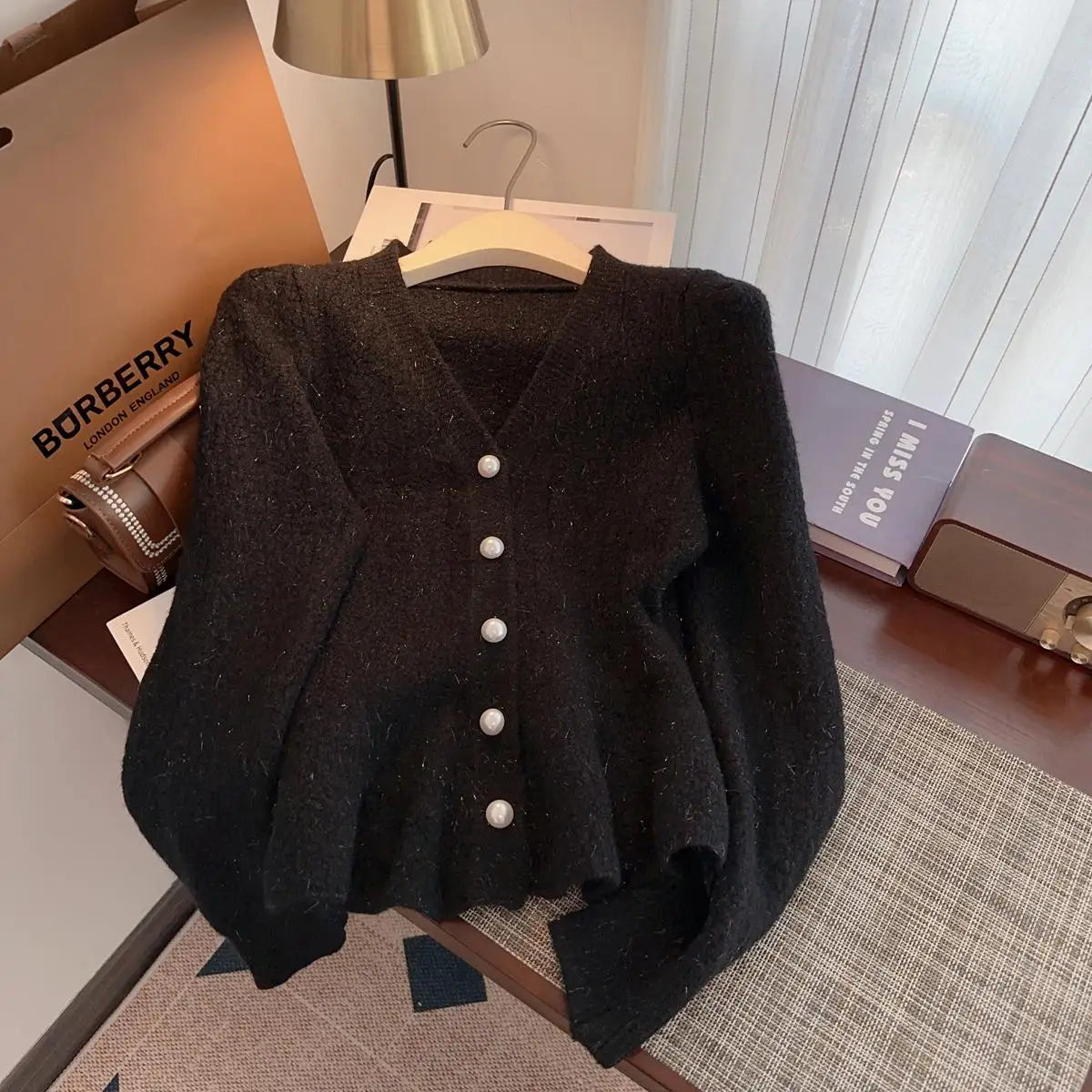 Autumn Winter Solid Elegant V Neck Single Breasted Ruffles Short Sweater Women's French 2024 New Long Sleeved Slim Knitted Tops