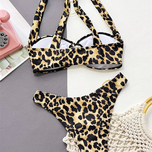 Load image into Gallery viewer, Leopard Print Bikini Set with Ring Thong Swimsuit 2024 Halter Women Swimwear Hollow Out Two-pieces Bathing Suit
