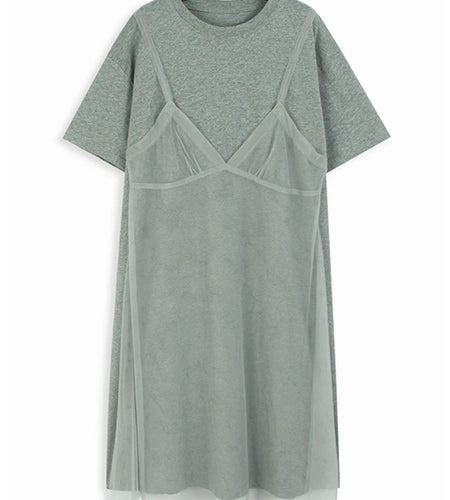 Women Gray Mesh Spliced Big Size Casual Midi Dress New Round Neck Short Sleeve Fashion Tide Spring Summer 2025 1DH9817