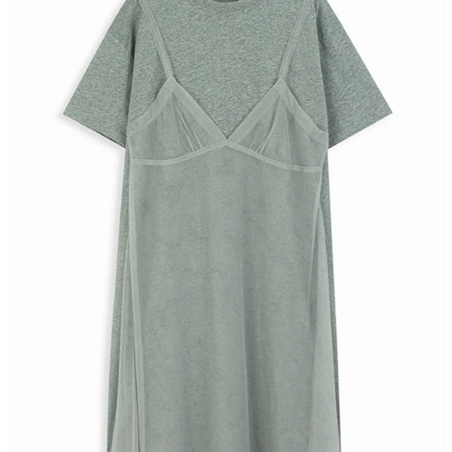 Load image into Gallery viewer, Women Gray Mesh Spliced Big Size Casual Midi Dress New Round Neck Short Sleeve Fashion Tide Spring Summer 2025 1DH9817
