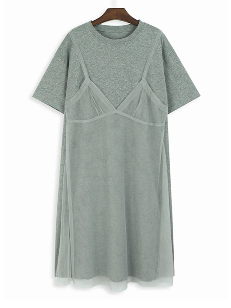 Women Gray Mesh Spliced Big Size Casual Midi Dress New Round Neck Short Sleeve Fashion Tide Spring Summer 2025 1DH9817