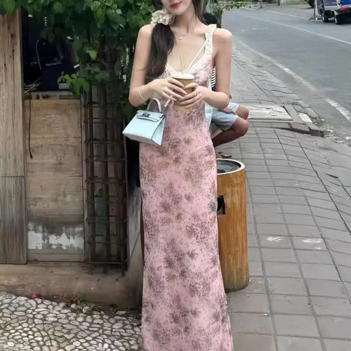 Load image into Gallery viewer, French Women Summer Pink Floral Backless Sleeveless Wrapped Hip Long Dress V Neck Ruffle Print Slim Vacation Slip Dress Bohemian
