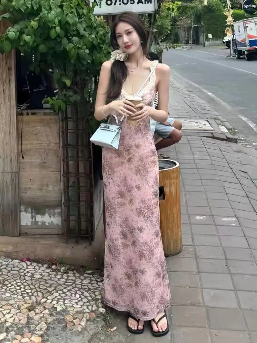 French Women Summer Pink Floral Backless Sleeveless Wrapped Hip Long Dress V Neck Ruffle Print Slim Vacation Slip Dress Bohemian