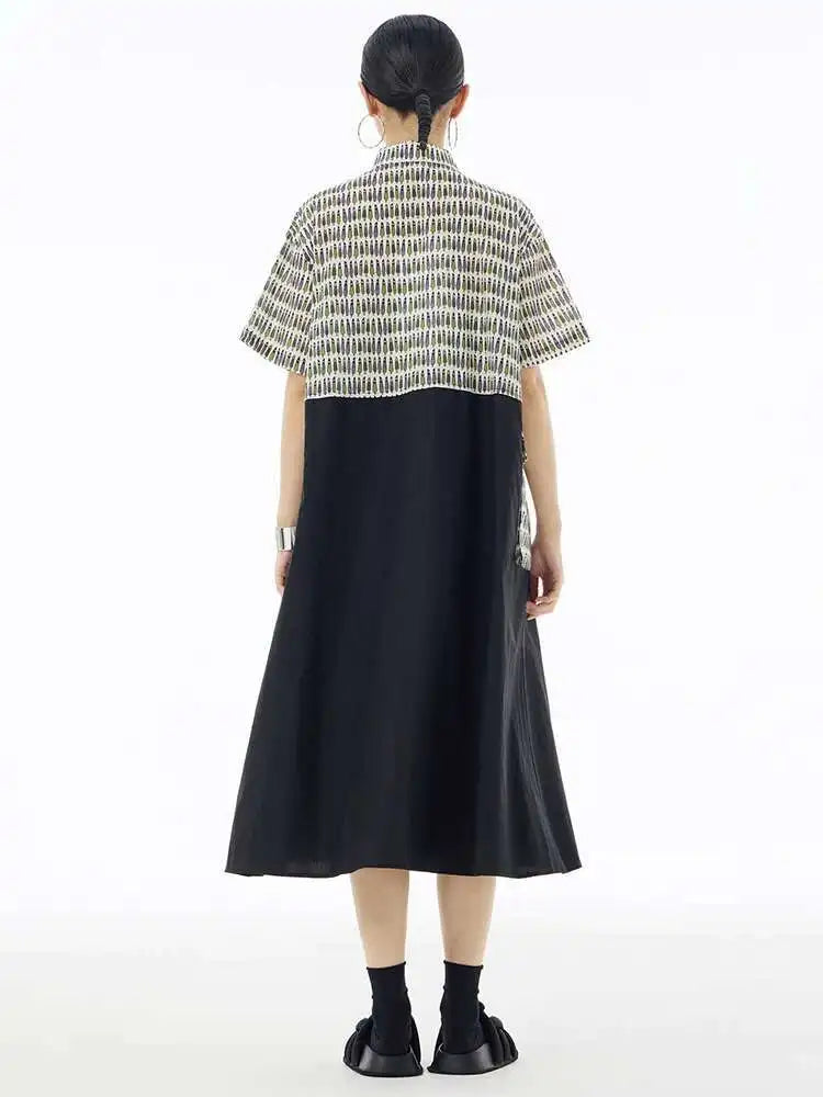 Women Black Printed Color-block Big Size Shirt Dress New Laple Short Sleeve Fashion Tide Spring Summer 2025 1DH6081