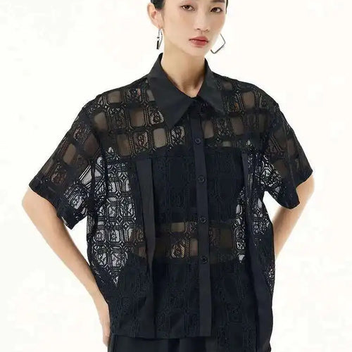 Load image into Gallery viewer, Women White Lace Perspective Big Size Thin Blouse New Lapel Short Sleeve Shirt Fashion Tide Spring Summer 2025 1DH5625
