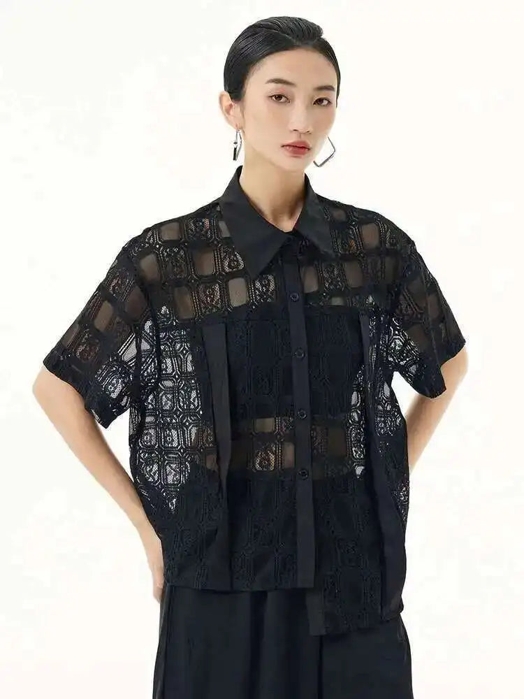 Women White Lace Perspective Big Size Thin Blouse New Lapel Short Sleeve Shirt Fashion Tide Spring Summer 2025 1DH5625