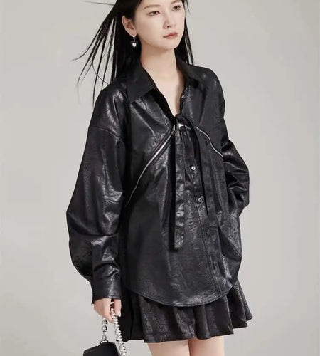 Women Black Zipper 2 Ways Wear Big Size Blouse New V-neck Long Sleeve Shirt Fashion Tide Spring Autumn 2025 1DH8012