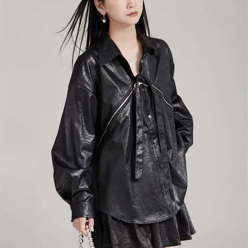 Load image into Gallery viewer, Women Black Zipper 2 Ways Wear Big Size Blouse New V-neck Long Sleeve Shirt Fashion Tide Spring Autumn 2025 1DH8012
