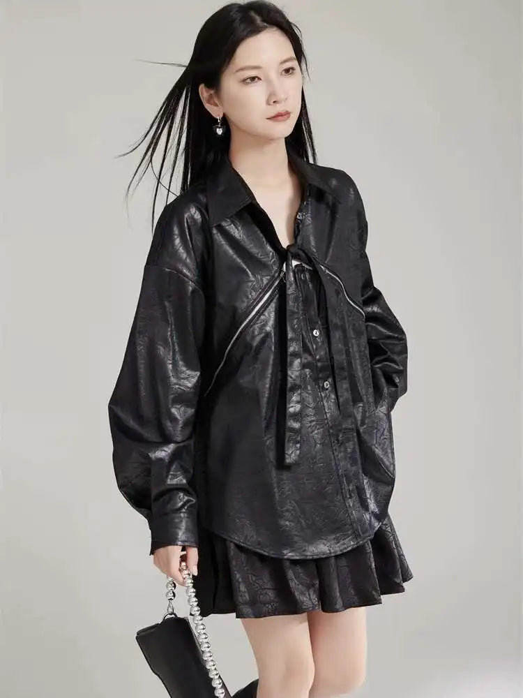 Women Black Zipper 2 Ways Wear Big Size Blouse New V-neck Long Sleeve Shirt Fashion Tide Spring Autumn 2025 1DH8012