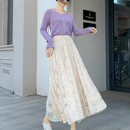 Load image into Gallery viewer, Spring Summer French Fashion Vintage Solid Lace Slim Long Skirt Women High Waist Elegant Party Pleated A-line Skirt New Clothing
