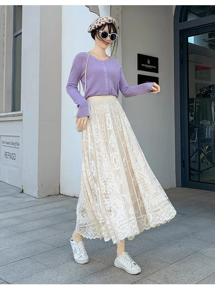 Spring Summer French Fashion Vintage Solid Lace Slim Long Skirt Women High Waist Elegant Party Pleated A-line Skirt New Clothing