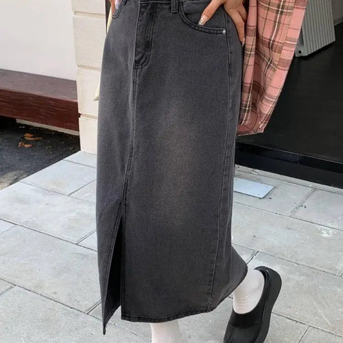 Load image into Gallery viewer, Autumn Winter Retro Black Office Lady Denim Split Skirt 2024 New Blue High Waist Elegant Wrap Hip Long Jean Skirts Women Fashion
