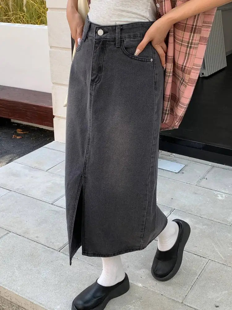 Autumn Winter Retro Black Office Lady Denim Split Skirt 2024 New Blue High Waist Elegant Wrap Hip Long Jean Skirts Women Fashion
