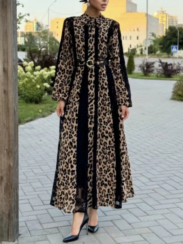 Leopard Printing Vintage Dresses For Women Lapel Long Sleeve High Waist Casual Loose Dress Female Fashion Female Fashion New