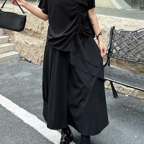 Load image into Gallery viewer, High Elastic Waist Black Irregular Ruffles Splice A-line Half-body Skirt Women Fashion Tide New Spring Autumn 2025 1DJ1375
