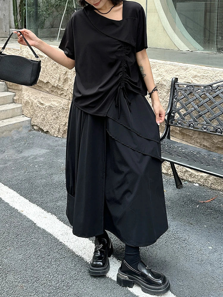 High Elastic Waist Black Irregular Ruffles Splice A-line Half-body Skirt Women Fashion Tide New Spring Autumn 2025 1DJ1375