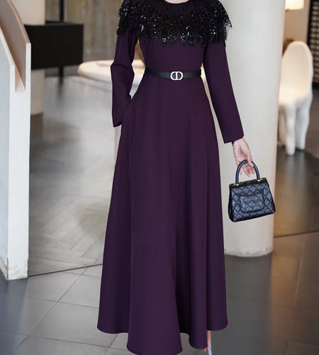 Hit Color Spliced Sequins Elegant Dresses for Women Round Neck Long Sleeves Patchwork Belt Dress Female Clothes New