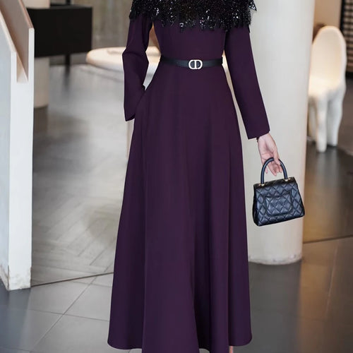 Load image into Gallery viewer, Hit Color Spliced Sequins Elegant Dresses for Women Round Neck Long Sleeves Patchwork Belt Dress Female Clothes New
