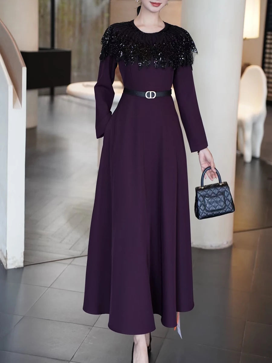 Hit Color Spliced Sequins Elegant Dresses for Women Round Neck Long Sleeves Patchwork Belt Dress Female Clothes New