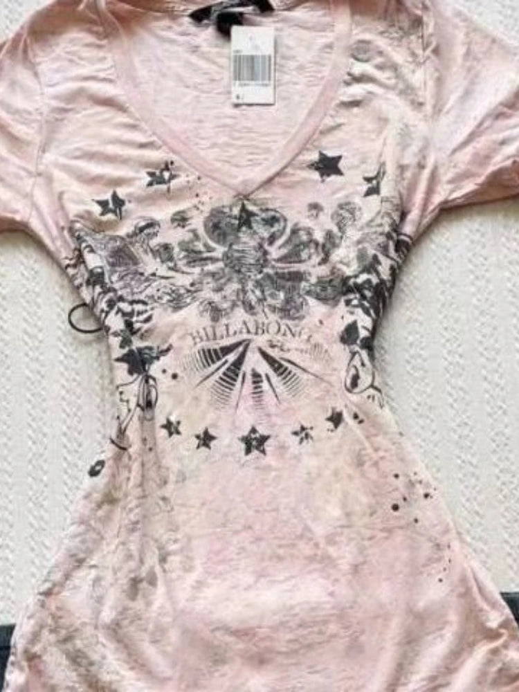 Women Vintage Print All Match Slim Waist Tees Streetwear Grunge V-neck Tops Y2k Aesthetic Casual T-Shirts Female Korean Harajuku