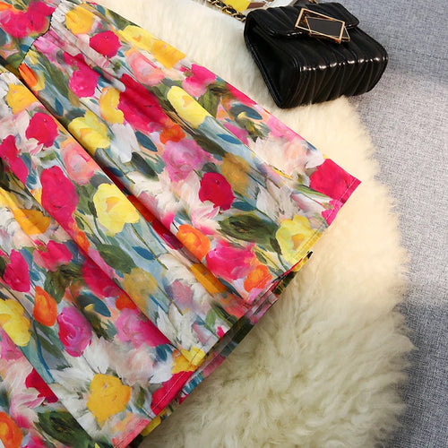 Load image into Gallery viewer, Spring Summer French Retro Print Elegant Long Skirts Women Festival Elastic High Waist Party Slim A-line Pleated Skirt Bohemian
