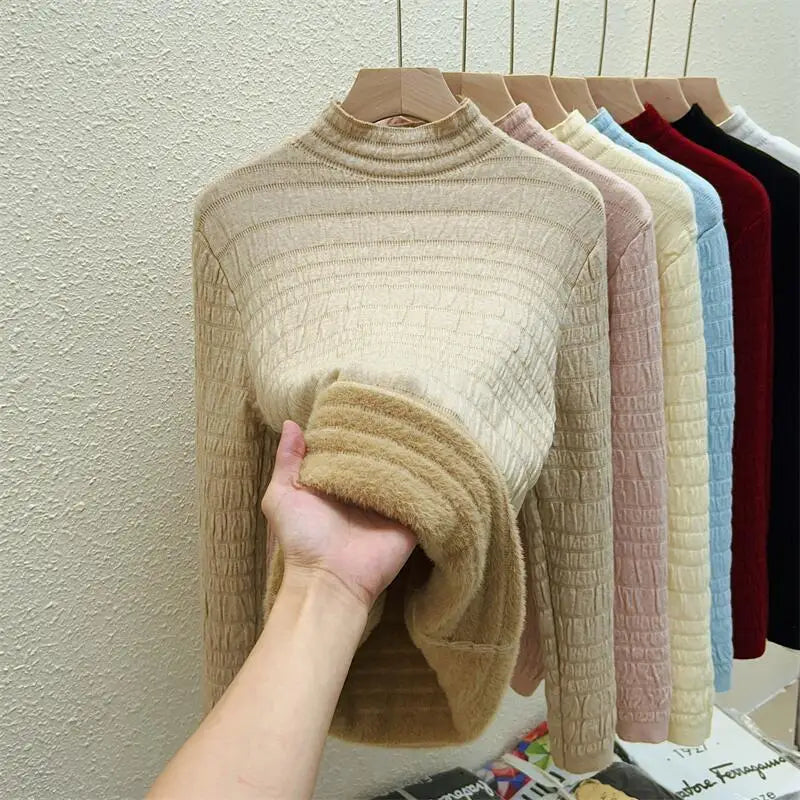 Autumn Winter Korean Fashion Solid Half Height Collar Velvet Knit Sweater Women Warm Long Sleeve Pullovers Tops Casual Popular