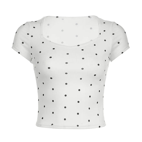 Load image into Gallery viewer, Casual White Knit Square Neck Basic Summer T shirt for Women Polka Dot Korean Fashion Short Sleeve Top Tee Kawaii New
