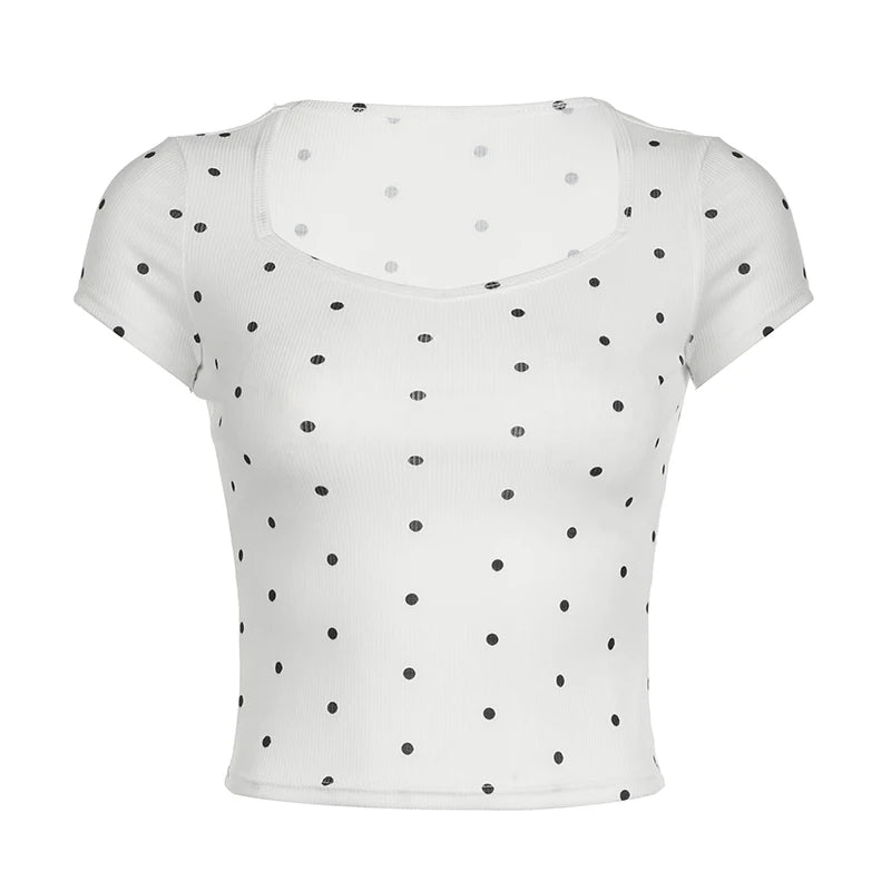 Casual White Knit Square Neck Basic Summer T shirt for Women Polka Dot Korean Fashion Short Sleeve Top Tee Kawaii New