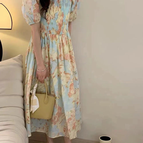 Load image into Gallery viewer, Ruffles Puff Sleeve Female Floral Dress Summer Slim Waist Square Neck Chiffon Fashion Women&#39;s Dresses Sweet Maxi Dress
