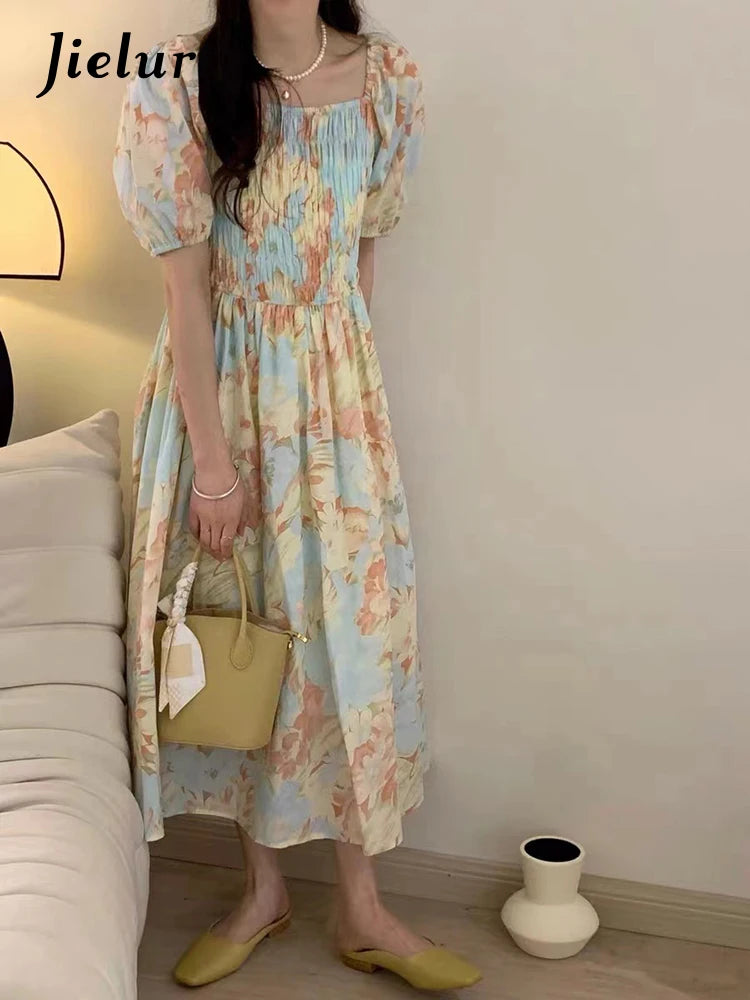 Ruffles Puff Sleeve Female Floral Dress Summer Slim Waist Square Neck Chiffon Fashion Women's Dresses Sweet Maxi Dress