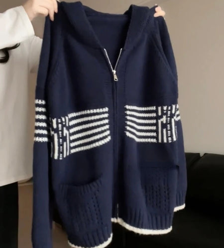 Autumn Y2k Aesthetic Stripe Hoodes Cardigans Women Casual Zipper Vintage Knitwear Harajuku Ladies Loose Grunge Pocket Sweater