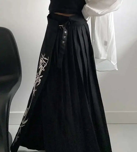 High Waist Black Printed Pleated Bandage Long Elegant Half-body Skirt Women Fashion Tide New Spring Autumn 2025 1DH0423