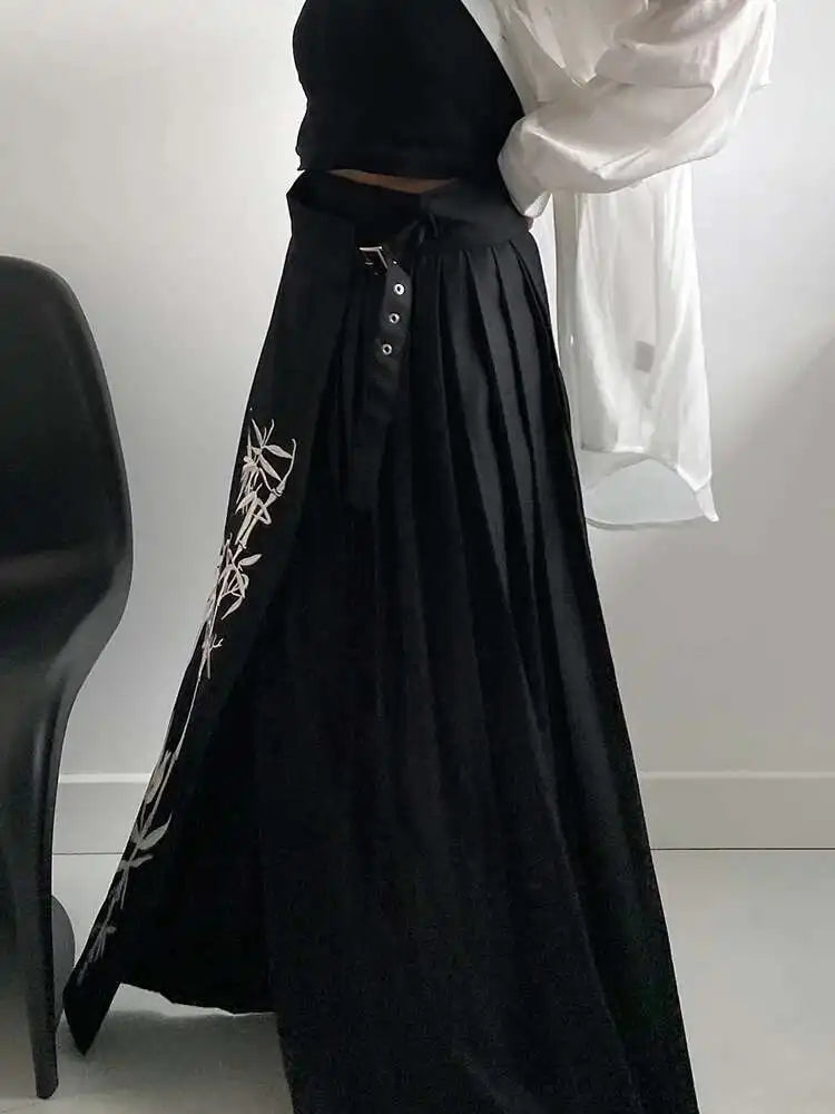 High Waist Black Printed Pleated Bandage Long Elegant Half-body Skirt Women Fashion Tide New Spring Autumn 2025 1DH0423