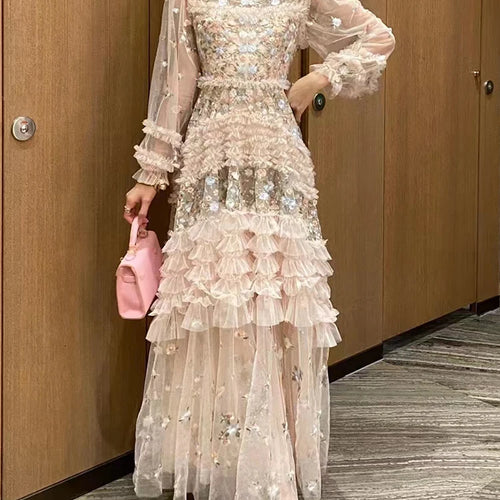 Load image into Gallery viewer, Embroidery Patchwork Mesh Dress For Women Stand Collar Long Sleeve High Waist Spliced Sequins Chic Dresses Female
