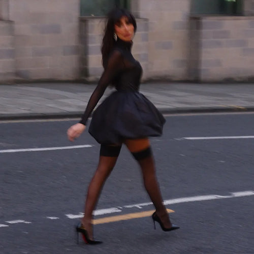 Load image into Gallery viewer, Turtleneck Sheer Long Sleeve Sexy Mini Dress For Women Black See Through High Waist A-line Club Party Dress Elegant
