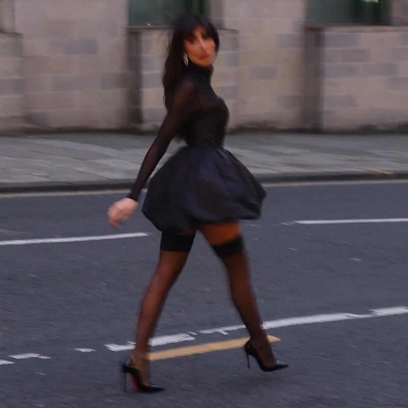 Turtleneck Sheer Long Sleeve Sexy Mini Dress For Women Black See Through High Waist A-line Club Party Dress Elegant