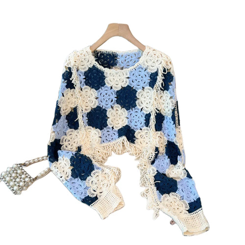 Load image into Gallery viewer, French Vintage 2024 New Women's Patchwork Tassel Hollow Out Long Sleeved Crochet Sweater Autumn Round Neck Elegant Knitted Tops
