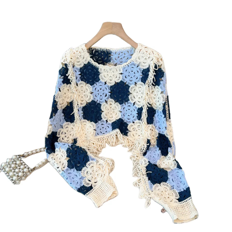 French Vintage 2024 New Women's Patchwork Tassel Hollow Out Long Sleeved Crochet Sweater Autumn Round Neck Elegant Knitted Tops