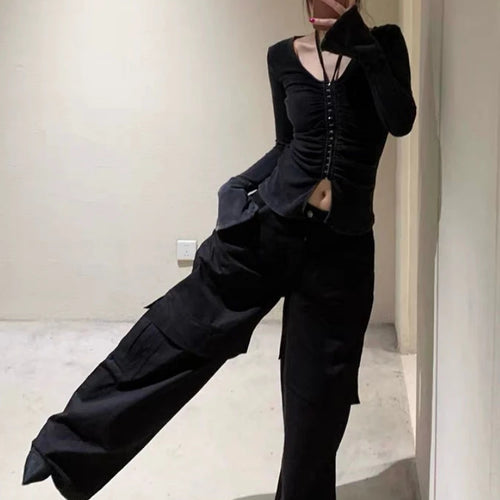 Load image into Gallery viewer, Autumn Black Sexy Halter Streetwear Tees Single Breasted Pleated Harajuku Slim Tops Grunge Split Women T-shirts Y2k Aesthetic
