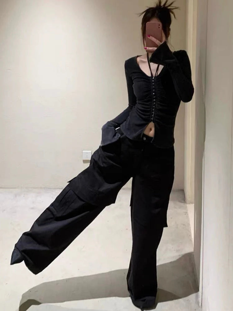 Autumn Black Sexy Halter Streetwear Tees Single Breasted Pleated Harajuku Slim Tops Grunge Split Women T-shirts Y2k Aesthetic