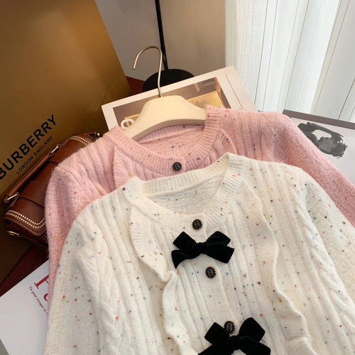 Load image into Gallery viewer, Korean Simple White V-neck Single-breasted Knitted Sweater 2024 Women Pink Sweet Ruffles Bow Cardigan Tops Vintage Autumn Winter
