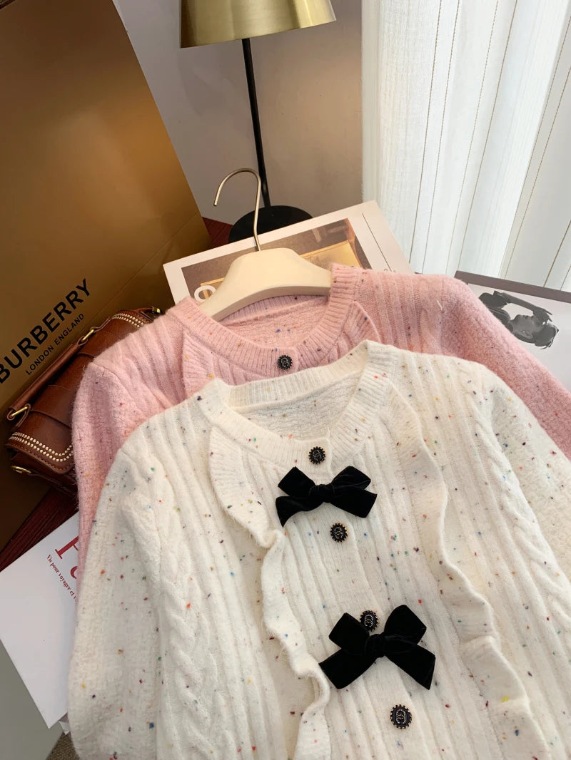 Korean Simple White V-neck Single-breasted Knitted Sweater 2024 Women Pink Sweet Ruffles Bow Cardigan Tops Vintage Autumn Winter